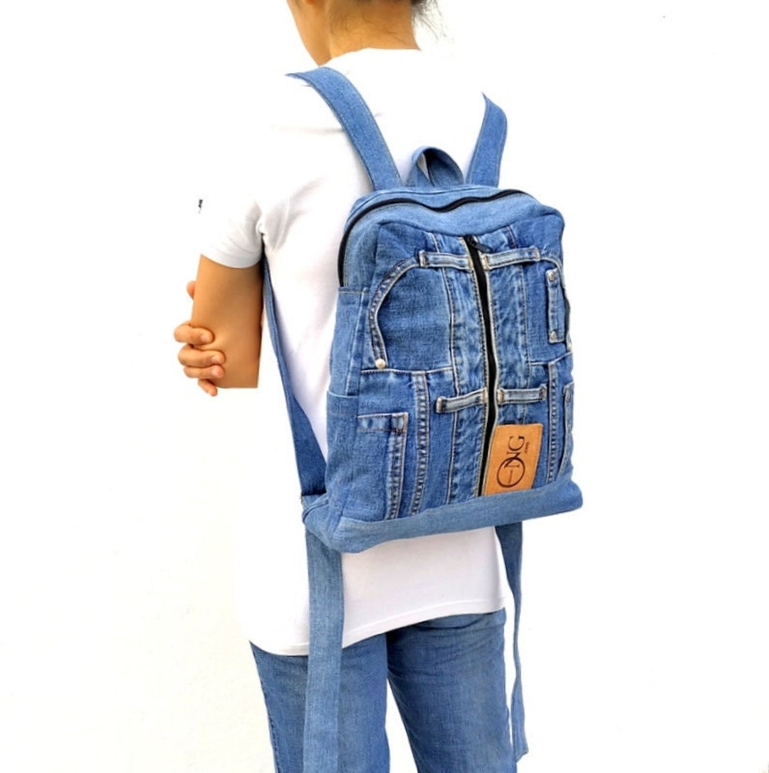 Denim backpack with a drawstring, eco friendly bag, gift for her