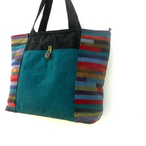 May include: A teal blue tote bag with a black zipper and a striped fabric panel on the side. The bag has a black handle and a small pocket on the front with a wooden button.