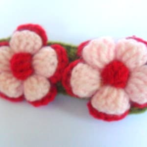 Floral Hair Bow Clip Handmade Hand Knitted / Gift / Red / Pink  / Green 3.5&quot;x1.5&quot;
