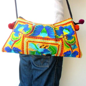 Women Ethnic Bag, Hill Tribe Bag, Sling Bag, Boho Bag, Embroidery Bag, Flower Birds Bag, Shoulder Bag, purse, Pom Pom Bag, Hippie Gift