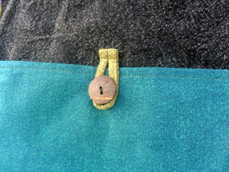 May include: A close-up of a teal blue fabric with a brown coconut button and a yellow loop. The fabric is textured and has a subtle sheen.