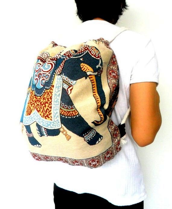Drawstring School Bag School Ethnic Elephant Backpack Two Sided 