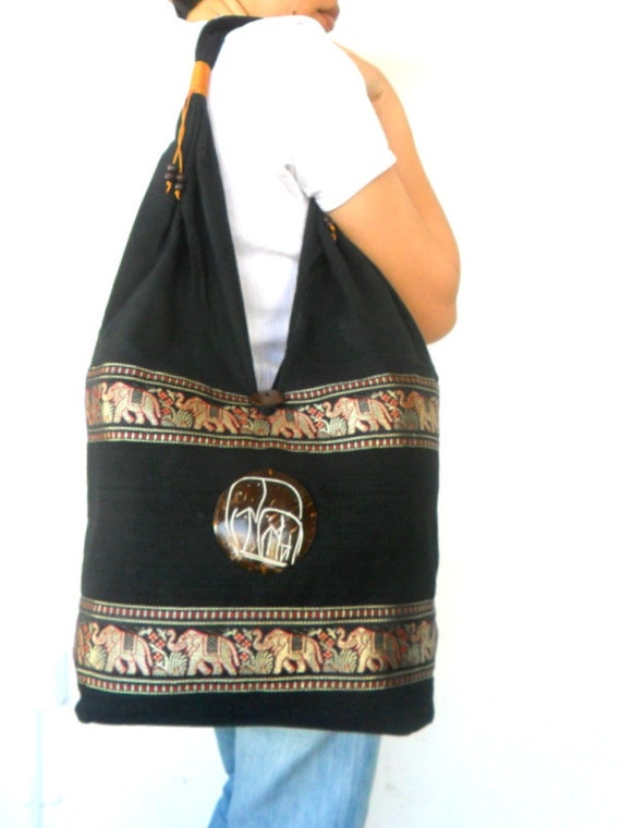 Tote Bag, Black Color Hobo, Elephant Bag, Boho, Bohemian Bag Hippie Shoulder Bag Sling Shoulder Bag Crossbody Bag Purse Messenger Gift Bag