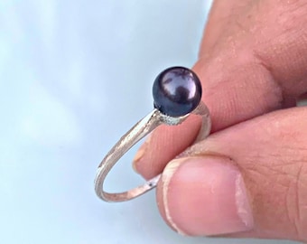 Natural Black Pearl  Ring  | Beautiful simple Sterling Silver Pearl Ring for Woman | Engagement Ring