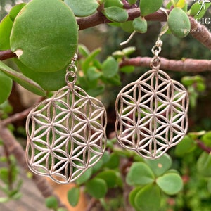 Pendientes Flor de la Vida 3D, Pendientes colgantes de mandala de geometría sagrada de plata de ley 925