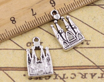 4 Castle Charms Antiqued Silver Fairy Tale Pendants Medieval 21mm Haunted