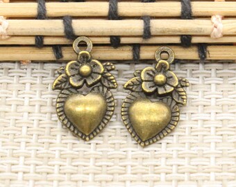 40 Uds. Colgante de dijes de corazón de flores de 15mm, accesorios de adorno de plata antigua/bronce antiguo, fabricación de joyas, material base artesanal hecho a mano DIY