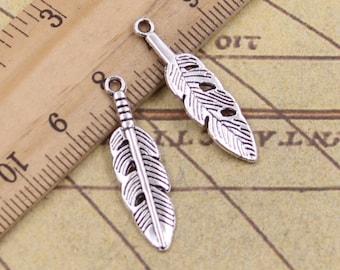 40pcs Feather charms pendant 29x8mm antique silver ornament accessories jewelry making DIY handmade craft base material