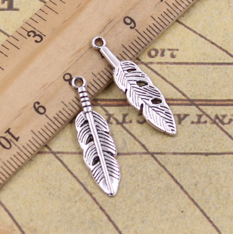 40pcs Feather charms pendant 29x8mm antique silver ornament accessories jewelry making DIY handmade craft base material Antique silver