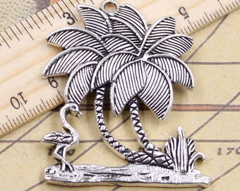 5pcs Crane standing under a coconut tree charms pendant 51x42mm antique silver ornament accessories jewelry making DIY handmade craft