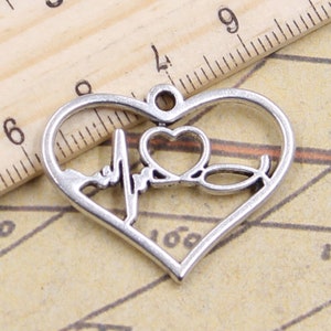 10pcs Peach heart electrocardiogram charms pendant 25x31mm antique silver ornament accessories jewelry making DIY handmade craft material