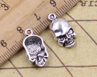 May include: Two silver skull charms with detailed features. The skulls are facing different directions, one with the front of the skull visible and the other with the back of the skull visible.