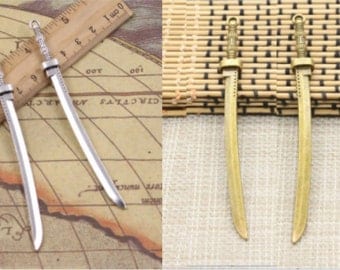 5 Stück Samurai Schwert Charms Anhänger Katana Charms 107x10mm Antik Silber/Antik Bronze Ornament Zubehör Schmuckherstellung DIY Basismaterial