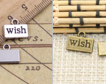 30 colgantes con la letra "Deseo", 13 x 11 mm, plata antigua o bronce antiguo, para hacer joyas, material base DIY.