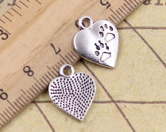 50pcs Paw prints love heart charms pendant 17x13mm antique silver ornament accessories jewelry making DIY handmade craft base material