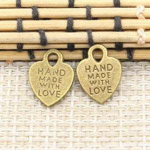 50pcs Letter Hand Made with love Hanging Tag Heart Pendant 15x12mm bronze jewelry charms jewelry making DIY handmade craft base material image 1