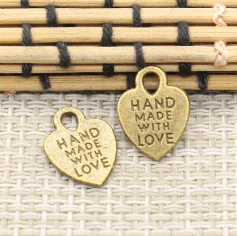 50pcs Letter Hand Made with love Hanging Tag Heart Pendant 15x12mm bronze jewelry charms jewelry making DIY handmade craft base material image 2