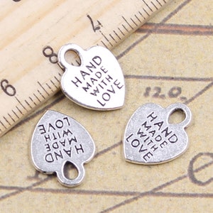 50pcs Peach heart &quot;hand made with love&quot; charms pendant 15x12mm antique silver ornament accessories jewelry making DIY craft base material
