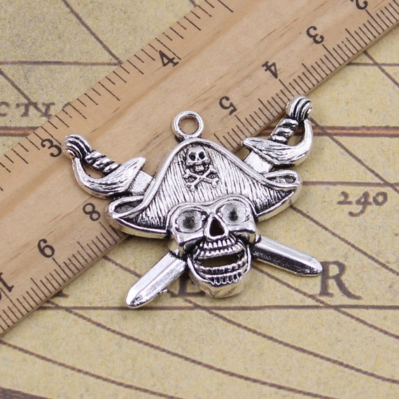5個 スカル 海賊旗 チャーム ペンダント 45 x 34 mm アンティーク 