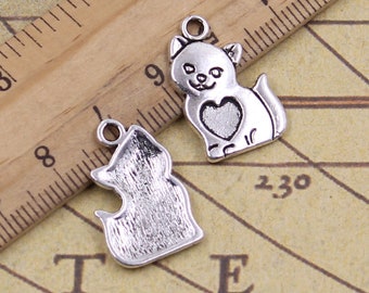 40pcs Love Heart Cat charms pendant 21x14mm antique silver ornament accessories jewelry making DIY handmade craft base material