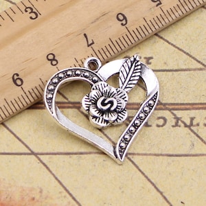 10pcs Love heart with flower charms pendant 28x28mm antique silver ornament accessories jewelry making DIY handmade craft base material