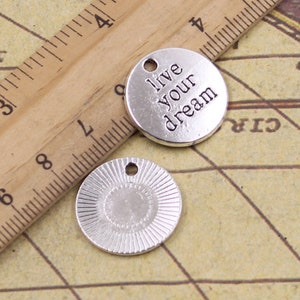 10 peças pingentes de etiqueta pendurada Viva seu sonho 20 mm pingentes de joias de prata antiga para fazer joias faça você mesmo material de base artesanal
