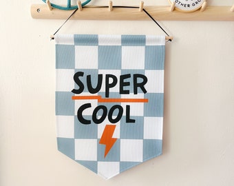 Super Cool banner - Blue & Grey Kids Wall Decor | Boys Bedroom or Playroom Wall Hanging | Handmade Organic Cotton Banner