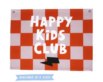 Happy kids club - wall hanging | checkerboard | rust + dusky lilac | Childrens wall hanging | Play room wall flag