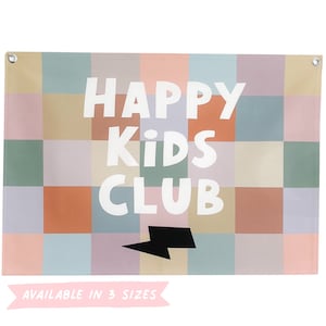May include: A colorful banner with a checkered pattern in shades of pink, blue, green, and orange. The banner reads "HAPPY KIDS CLUB" in white text with a black lightning bolt underneath. The banner is available in three sizes.