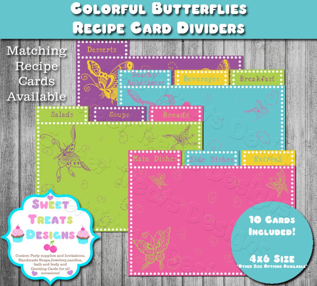 Colorful Butterflies Printable Recipe Card Dividers 10 Designs Included