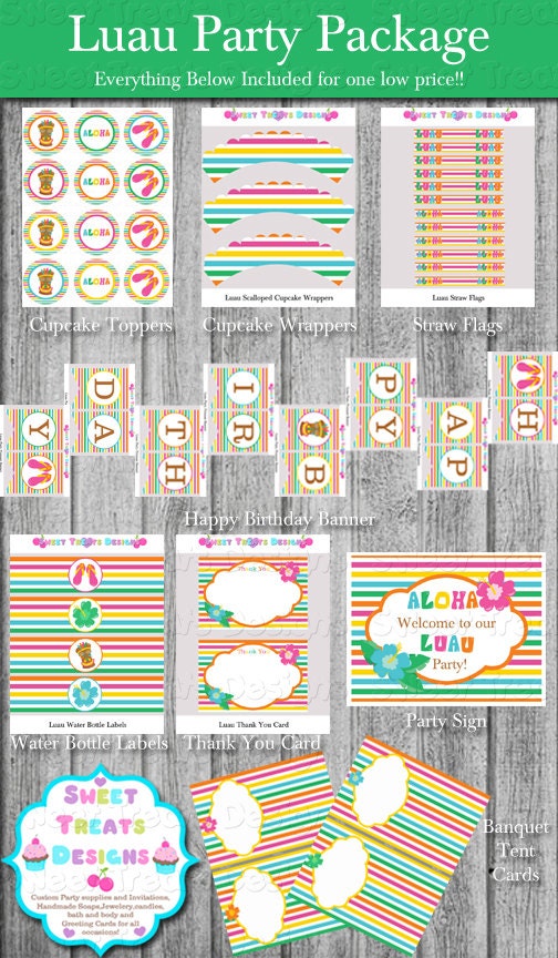 Luau Party Package BannerCupcake Toppers and WrappersStraw FlagsParty SignThank You Card and More You Print Instant Download