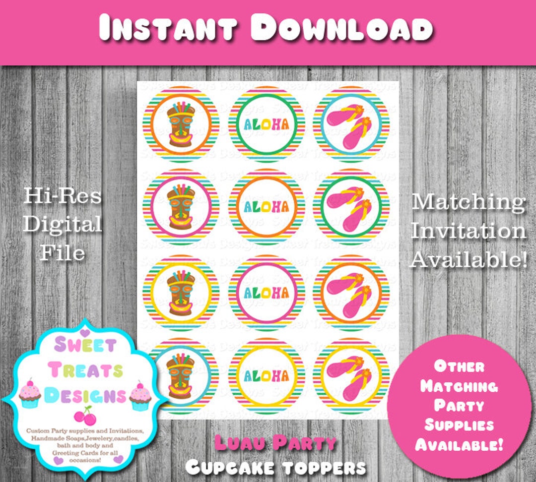 Luau Cupcake Toppers, Luau Party, Luau Birthday Cupcake Toppers, Luau