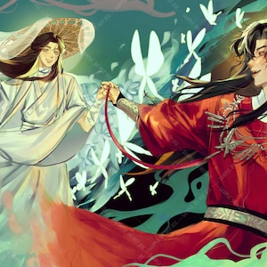 May include: Two figures in traditional Chinese clothing, one in white and one in red, are holding a red ribbon. The figure in white is wearing a hat and has long hair. The figure in red has long black hair and is smiling. The background is a dark green and black with white butterflies.