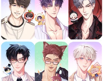 May include: Six digital anime-style illustrations featuring various characters with distinct hair colours and outfits. Each character is accompanied by a small, chibi-style mascot figure. The art displays diverse expressions, accessories like glasses, and vibrant colour palettes.