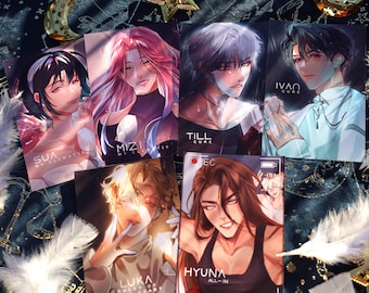 May include: Six colorful cards with illustrations of anime characters. Each card features a different character with a name and a short phrase. The characters are drawn in a stylized anime style with vibrant colors and detailed features.