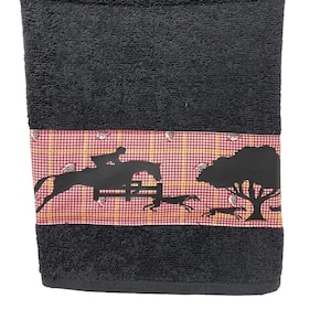 Fox hunt horse towel  jumping horse graphic design Equestrian home  decoration  handmade gift  horse trailer decorative  linen