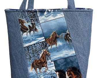 Horse shoulder Tote Bag: Equestrian Horse handmade recycled denim
