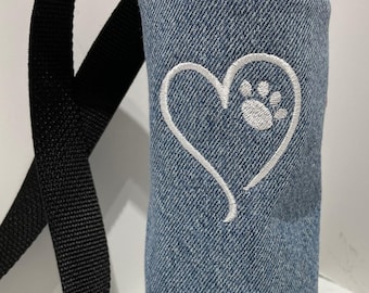 Dog bottle holder cross body bag Dog Paw print water bottle carrier beverage bag  phone carrier bag recycled denim  handmade gift