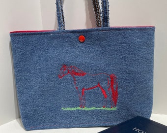 Embroidered Horse Denim Bible Tote Bag: Handmade Scripture Book Bag