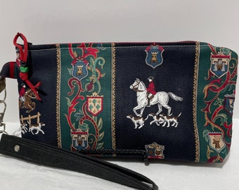 Fox hunt wristlet Equestrian bag horse clutch zipper top bag removable strap handmade gift