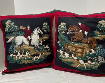 Handmade Fox hunt  pillow cover jumping horse pillow sham decorative Equestrian home couch pillow horse camper decoration handmade gift