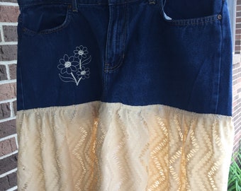 Refashioned skirt upcycled denim lace hippie peasant Boho style lace  bottom  size 18