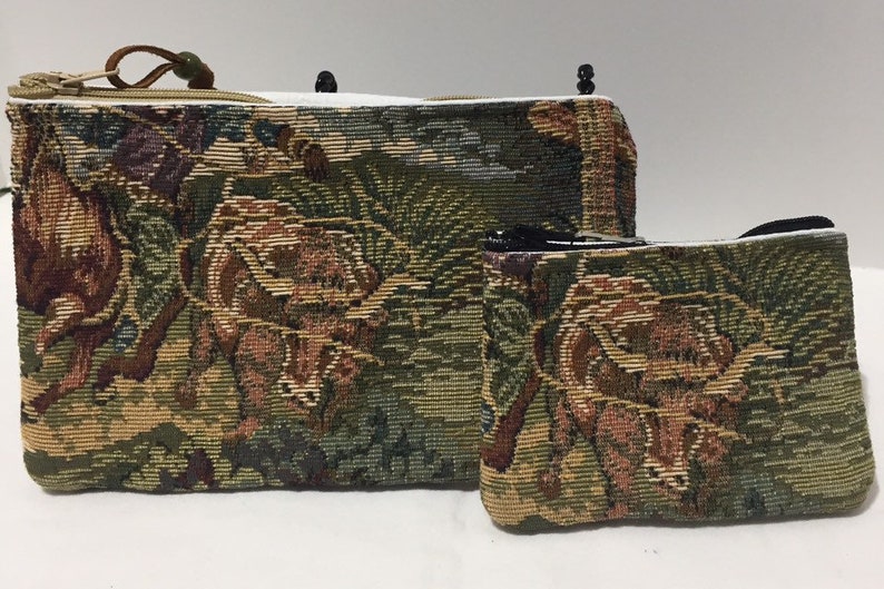 Western horse cowboy longhorn steer tapestry zipper top pouch /& coin purse gift set handmade mens