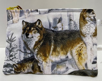 Wolf zipper pouch  cosmetic bag camera bag faux leather card gift pouch handmade gift