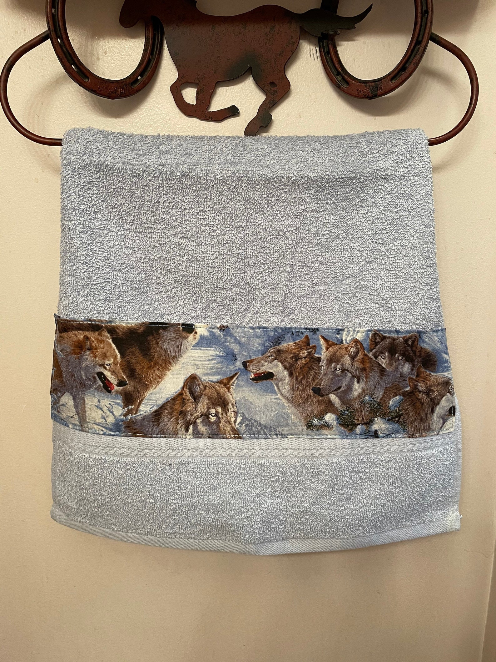 Wolf wolves light blue hand towel 16x26 handmade bathroom Etsy
