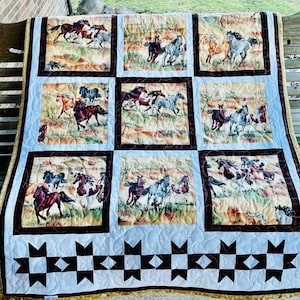 Horse quilt 39x52 couch lap throw wall hanging  kids baby crib bedding Equestrian home decoration handmade  gift