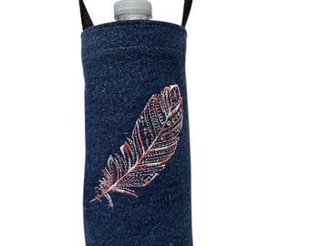 Embroidered Denim Horse Saddle Water Bottle Holder - Equestrian Trail Bag