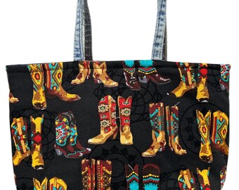 Western Cowboy Boots Tote Bag: Handmade Denim Bible/Book Cover