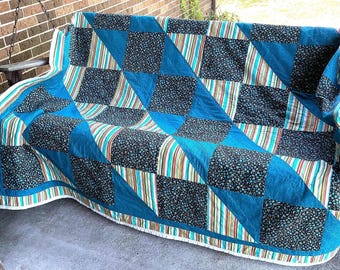 Quilt farmhouse blue floral patchwork (80" x 88") handmade