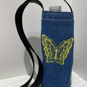 Water bottle holder Butterflies cross body bag beverage bottle carrier cell phone bag recycled denim jean handmade gift